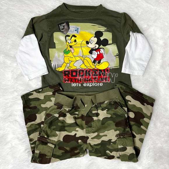 Disney & Garanimals Mickey Mouse Pluto T-Shirt Camo Cargo Pants Set Boy’s 24 Mth - Picture 1 of 8